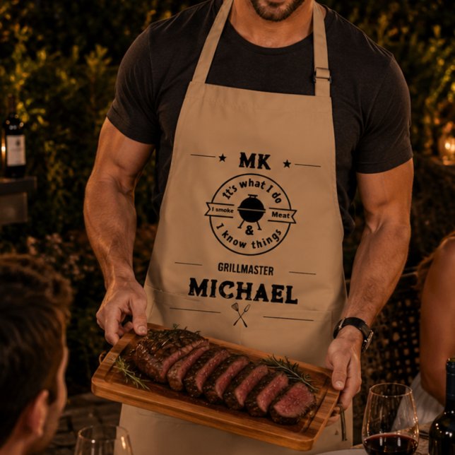 It's What I Do I Smoke Meat & I Know Things Funny  Standard Apron (aprons personalized monogram initials monogrammed for him masculine BBQ funny dad chef gift )