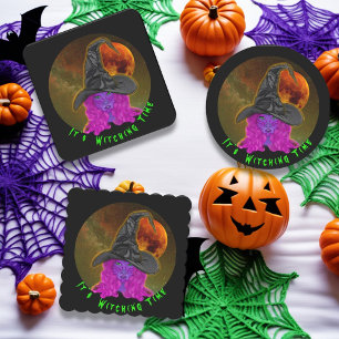 It's Witching Time Halloween Witch Square Paper Coaster