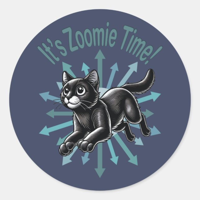 It's Zoomie Time Black Cat Classic Round Sticker (Front)
