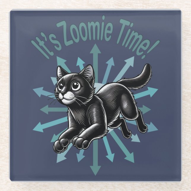 It's Zoomie Time Black Cat Glass Coaster (Front)