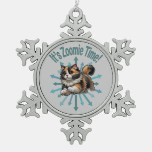 It's Zoomie Time Calico Cat Snowflake Pewter Christmas Ornament