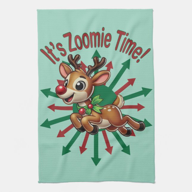 "It's Zoomie Time! Christmas Reindeer Tea Towel (Vertical)