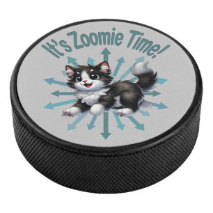 It's Zoomie Time Cute Black & White Cat Hockey Puck