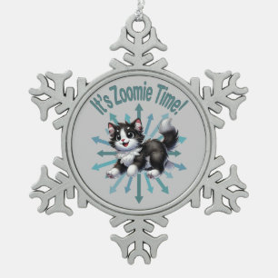 It's Zoomie Time Cute Black & White Cat Snowflake Pewter Christmas Ornament