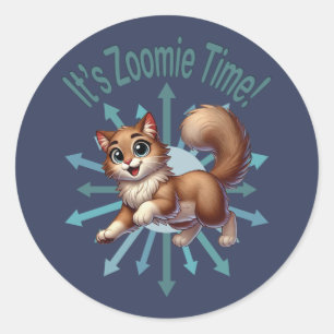 It's Zoomie Time Cute Brown & White Cat Classic Round Sticker