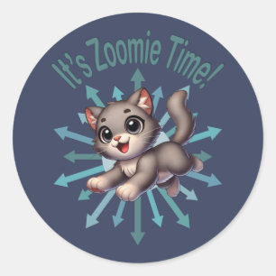 It's Zoomie Time Cute Grey & White Cat Classic Round Sticker