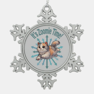 It's Zoomie Time Dilute Calico Cat Snowflake Pewter Christmas Ornament