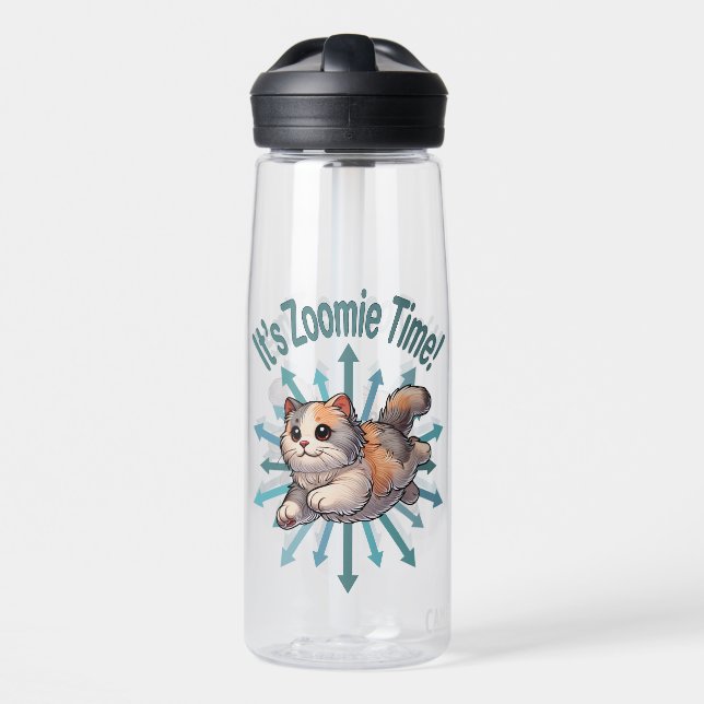 It's Zoomie Time Dilute Calico Cat Water Bottle (Front)