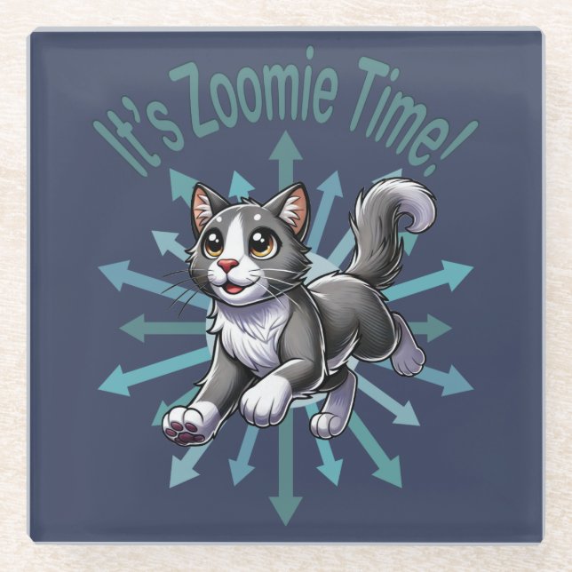 It's Zoomie Time Grey Bicolor Cat Glass Coaster (Front)