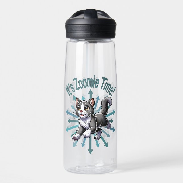It's Zoomie Time Grey Bicolor Cat Water Bottle (Front)