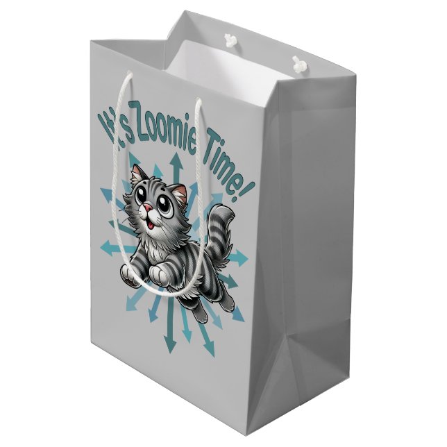 It's Zoomie Time Grey Tabby Cat Medium Gift Bag (Back Angled)
