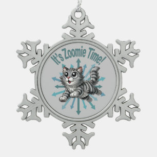 It's Zoomie Time Grey Tabby Cat Snowflake Pewter Christmas Ornament