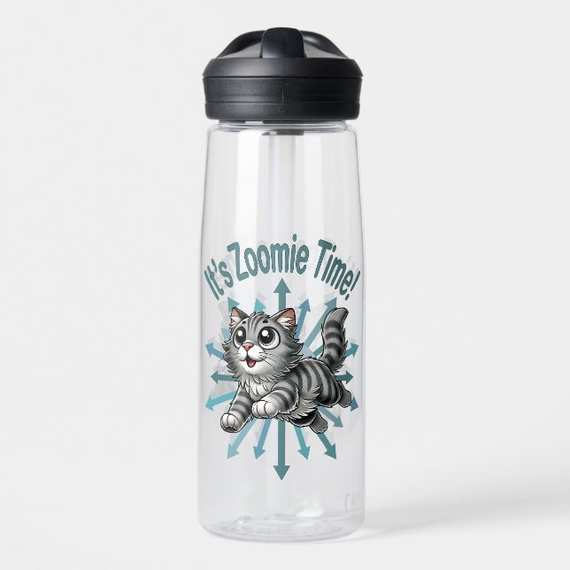 It's Zoomie Time Grey Tabby Cat Water Bottle (Front)