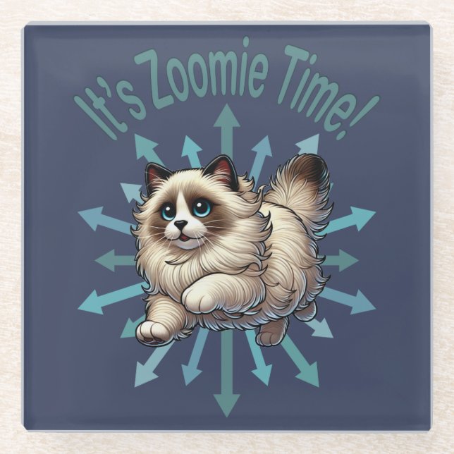 It's Zoomie Time Ragdoll Cat Glass Coaster (Front)