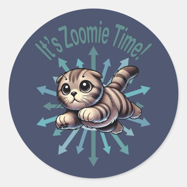 It's Zoomie Time Scottish Fold Cat Classic Round Sticker (Front)