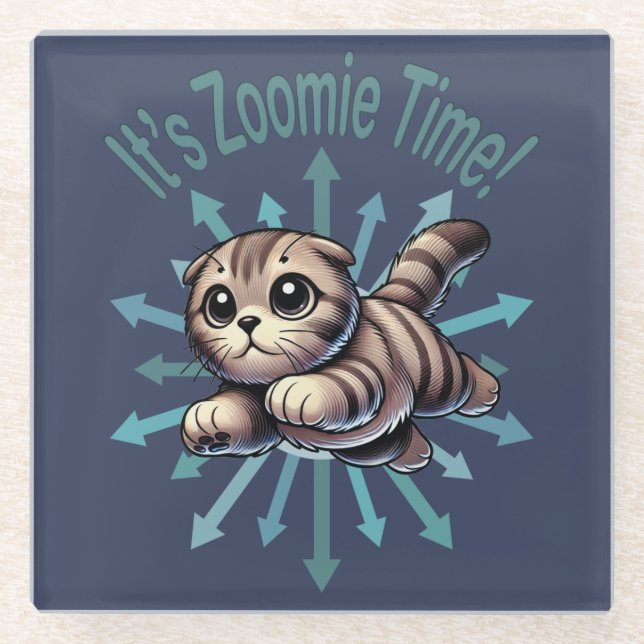 It's Zoomie Time Scottish Fold Cat Glass Coaster (Front)