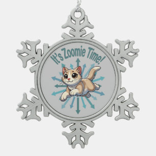 It's Zoomie Time Tan Bicolor Cat Snowflake Pewter Christmas Ornament