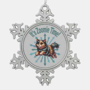 It's Zoomie Time Tortoise Shell Cat Snowflake Pewter Christmas Ornament