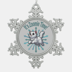 It's Zoomie Time White Cat Snowflake Pewter Christmas Ornament