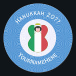 Itslian Angel Hanukkah Flag Personalised  Classic Round Sticker<br><div class="desc">Round sticker shows an angel wearing the flag of Italy on this sticker for holiday or Hanukkah gift decorating. The Italian Flag angel is found inside a white, fractal circle of squiggly squares. The background is a blue fractal of squiggly squares. Add your own text or personalise with a name...</div>