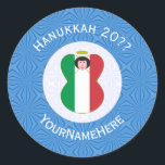 Itslian Angel Hanukkah Flag Personalised  Classic Round Sticker<br><div class="desc">Round sticker shows an angel wearing the flag of Italy on this sticker for holiday or Hanukkah gift decorating. The Italian Flag angel is found inside a white, fractal circle of squiggly squares. The background is a blue fractal of squiggly squares. Add your own text or personalise with a name...</div>