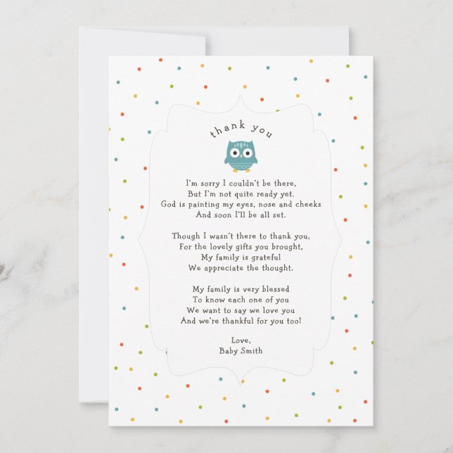 Itty Bitty Owl thank you note with poem Card (Front)