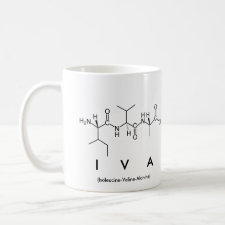 Mug featuring the name Iva spelled out in the single letter amino acid code