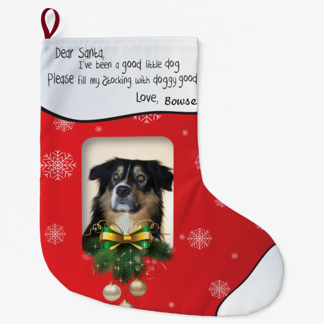 I've Been a Good Dog Xmas PHOTO Red Snowflake Large Christmas Stocking (Front)
