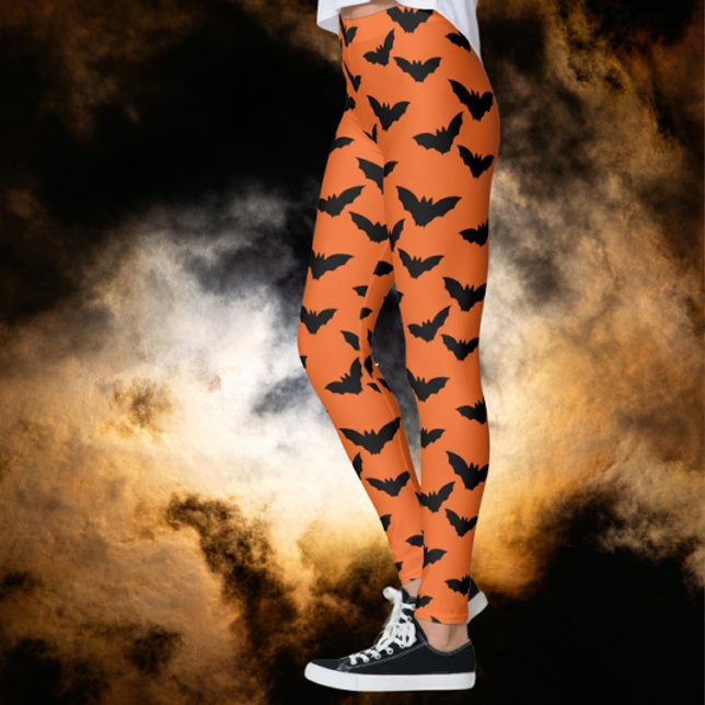 I've Gone Batty Orange Black Bats Leggings (Scary black bats for Halloween!)