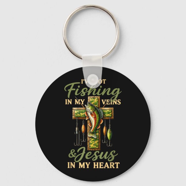 Ive Got Fishing Veins Jesus Heart Key Ring (Front)