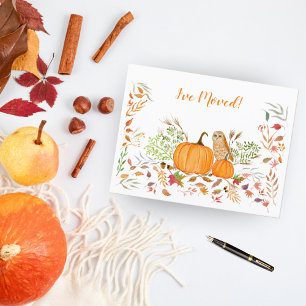 I've Moved Autumn Foliage With Owl And Pumpkins Announcement Postcard