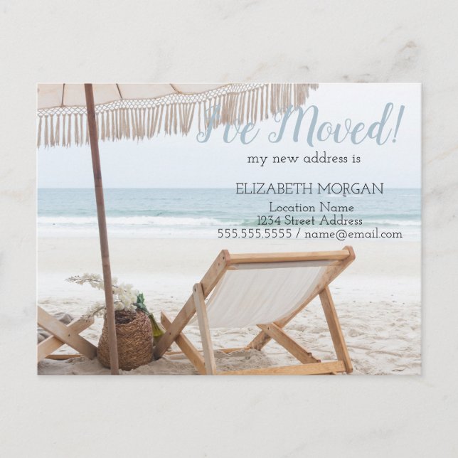 I've Moved,Beach Chair Parasol New Address Announcement Postcard (Front)