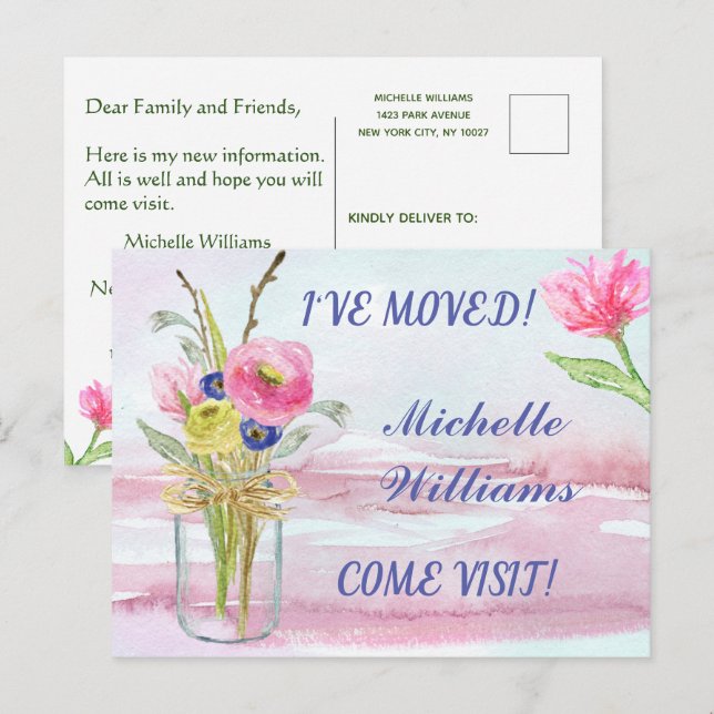 I've Moved Budget Elegant Pink Rose Floral Moving Announcement Postcard (Front/Back)