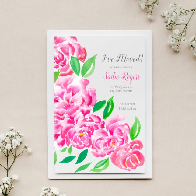 I've Moved Cascading Pink Peonies New Address Announcement Postcard (Creator Uploaded)
