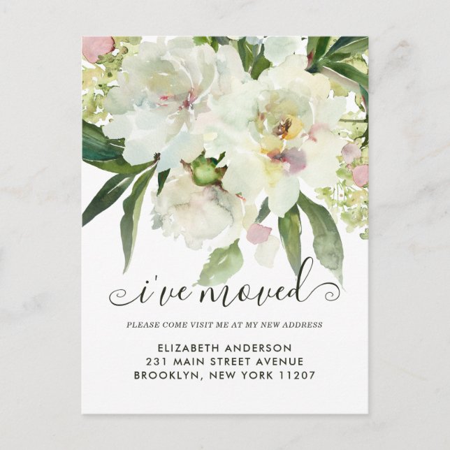 I've Moved Elegant Floral Botanical Peony Moving Announcement Postcard (Front)