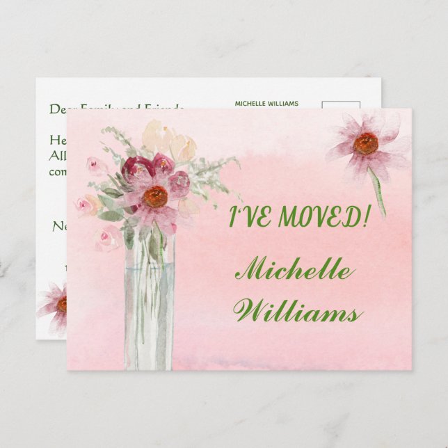 I've Moved Elegant Pink Floral Budget Moving Announcement Postcard (Front/Back)