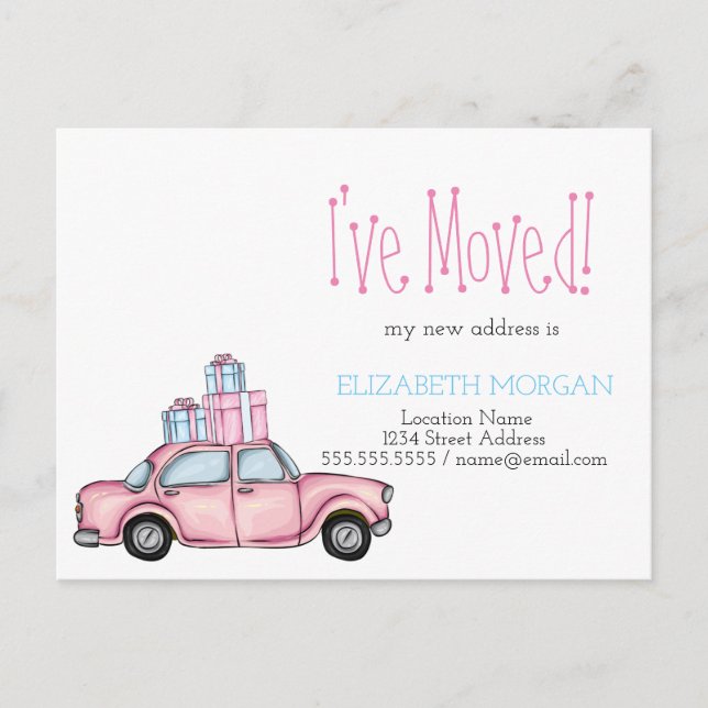 I've Moved Pink Car Presents New Address Announcement Postcard (Front)