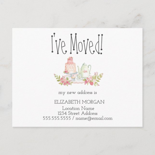 I've Moved, Teapot Flowers New Address Announcement Postcard (Front)