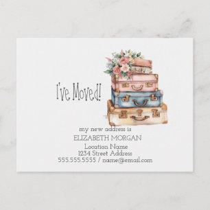 I've Moved,Vintage Suitcases, Flowers New Address Announcement Postcard