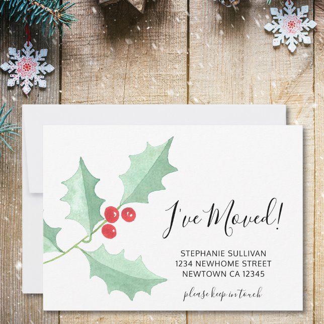 I've Moved Watercolor Holly Announcement Card (Creator Uploaded)