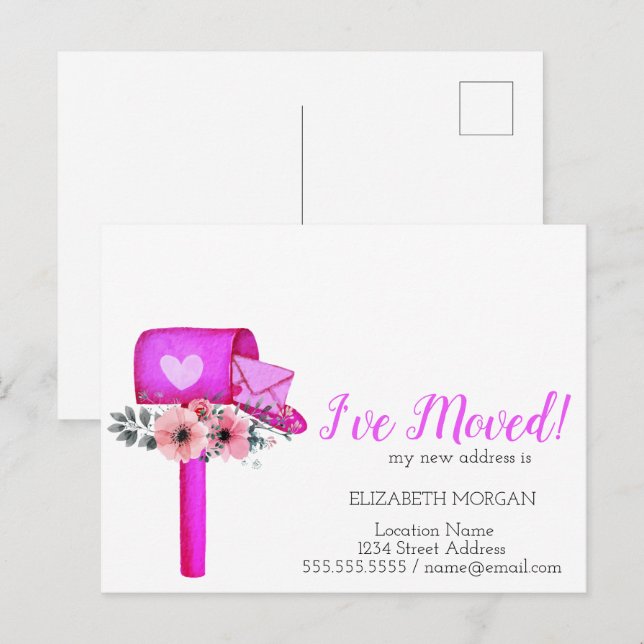 I've Moved,Watercolor Mailbox Heart Flowers Announcement Postcard (Front/Back)