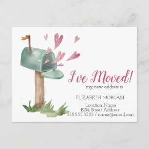 I've Moved,Watercolor Mailbox Hearts  Announcement Postcard