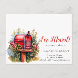 I've Moved,Watercolor Mailbox Red Flowers Announcement Postcard