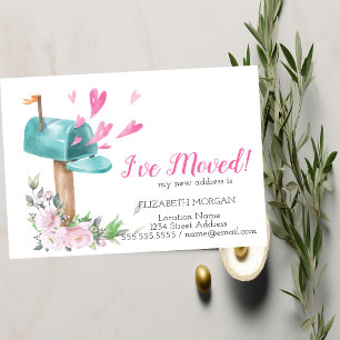 I've Moved,Watercolor Mailbox RosesHearts  Announcement Postcard