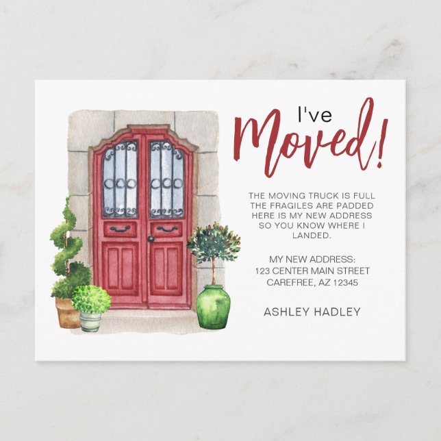 Ive Moved Watercolor Red Door Announcement (Front)