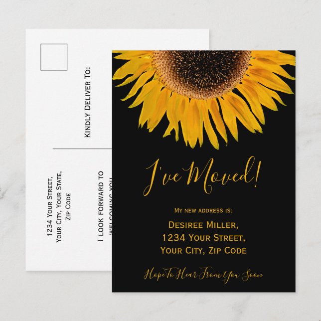 I've Moved Yellow Black Sunflower Announcement Postcard (Front/Back)