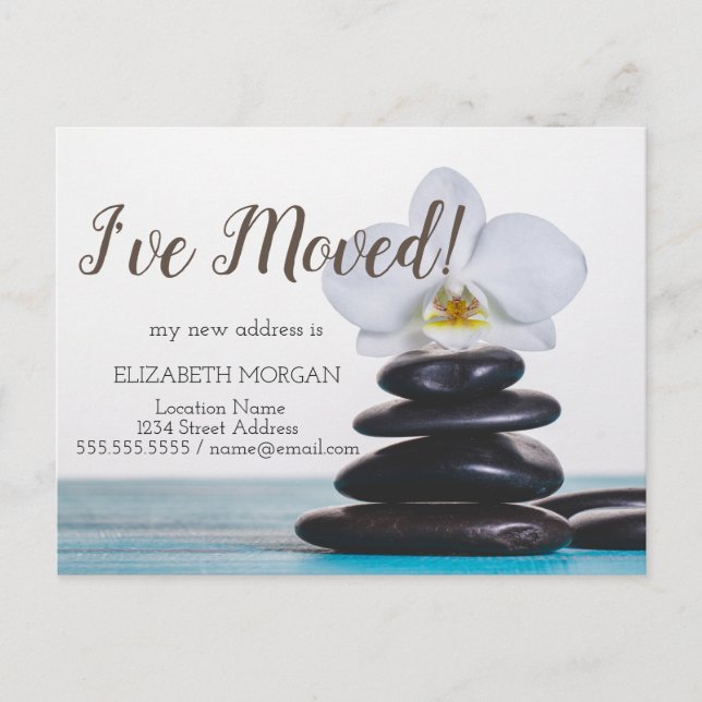 I've Moved,Zen Stones,White Orchid Announcement Postcard (Front)