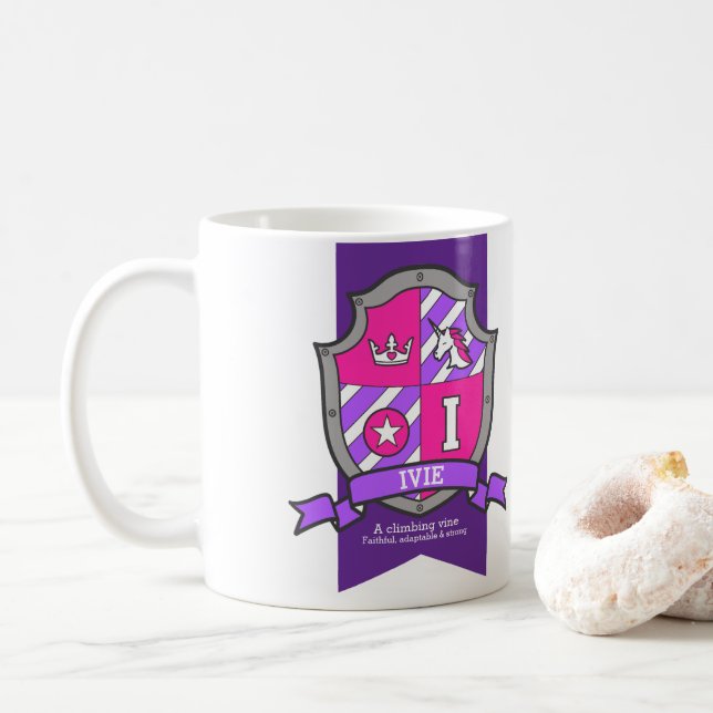 Ivie letter I crest pink unicorn name meaning Coffee Mug (With Donut)