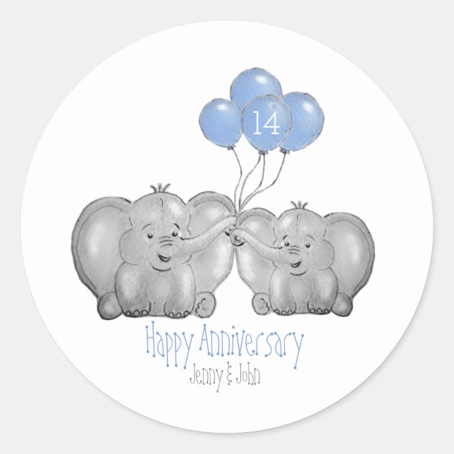 Ivory 14th wedding anniversary elephant couple classic round sticker (Front)