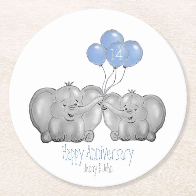 Ivory 14th wedding anniversary elephant couple round paper coaster (Front)